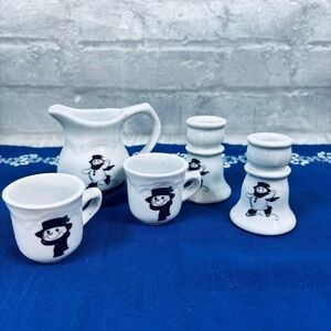 Vintage 1990s Strombecker Corp Snowman Mini Mugs, Pitcher & Candlestick Holders.